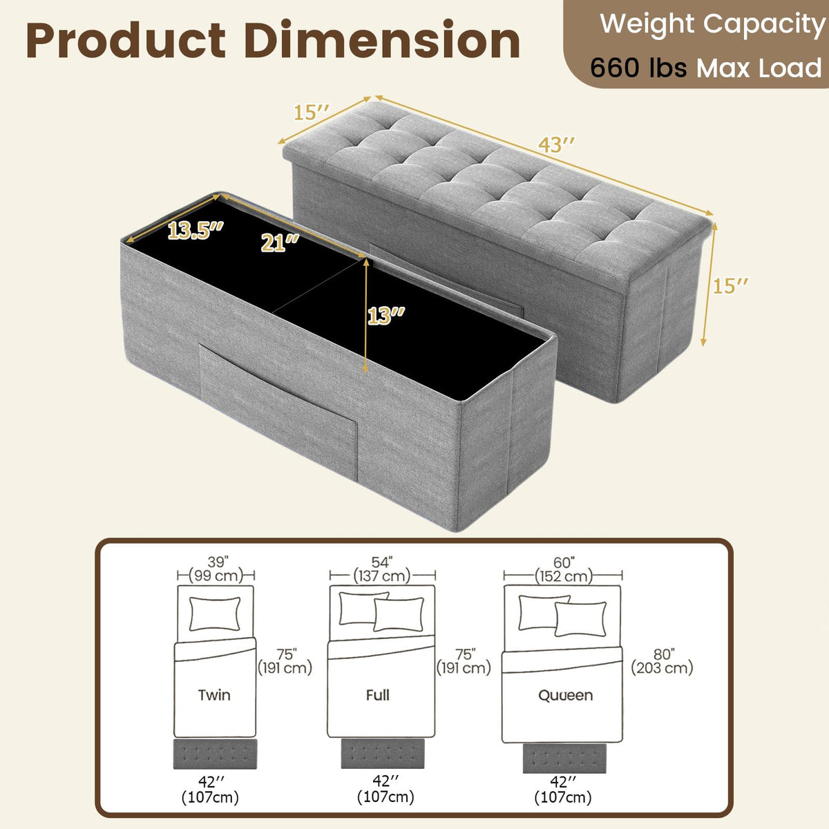 Goflame 43 Inches Folding Storage Ottoman Bench Upholstered Storage Chest with Side Pocket