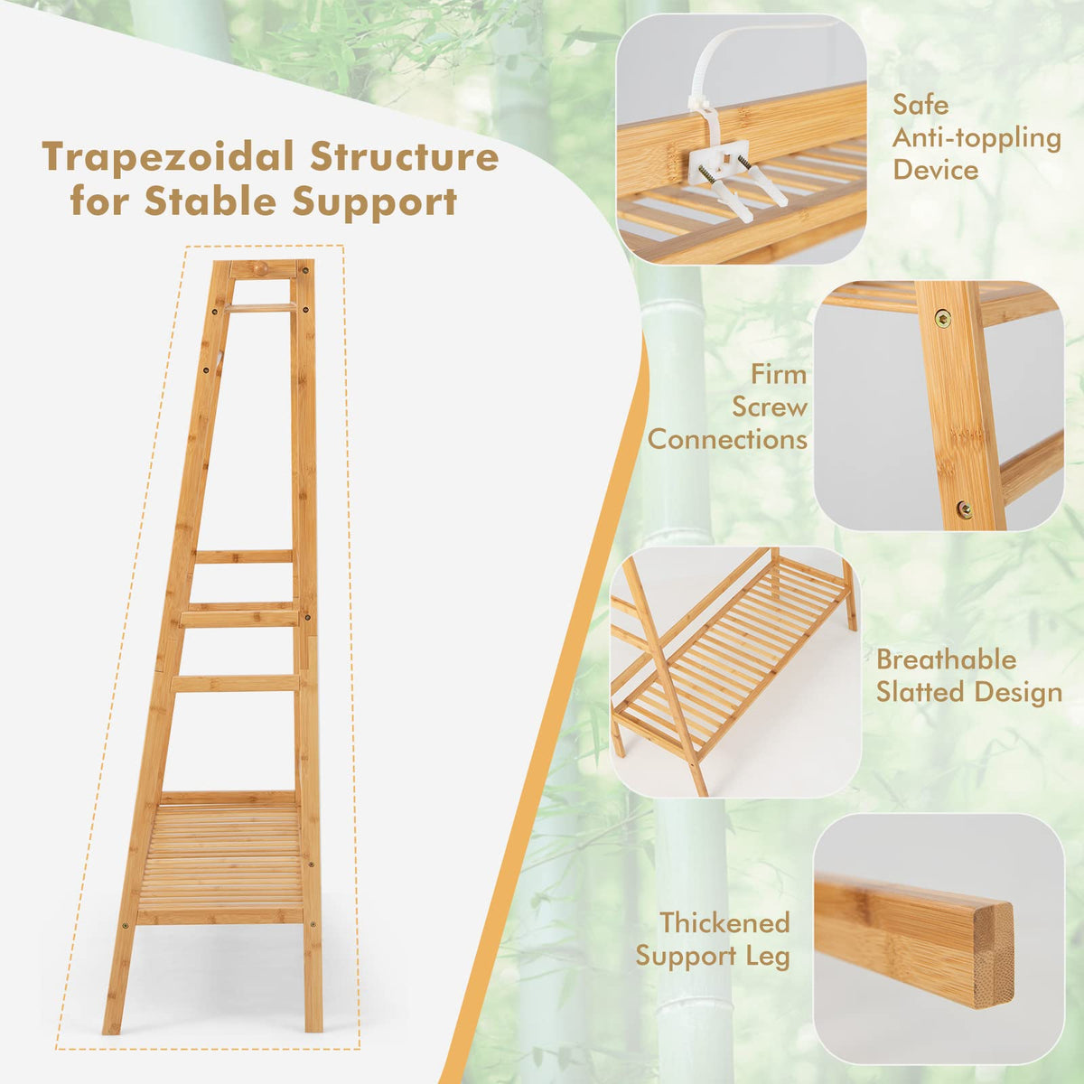 Goflame 3 Tier Bamboo Clothing Rack with Shelves, Heavy Duty Freestanding Clothes Organizer Rack with Coat Hooks