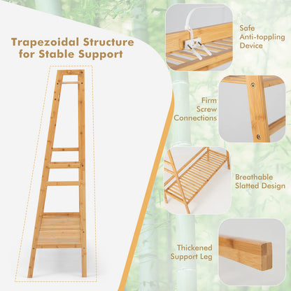 Goflame 3 Tier Bamboo Clothing Rack with Shelves, Heavy Duty Freestanding Clothes Organizer Rack with Coat Hooks