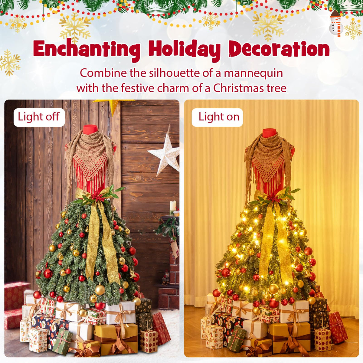 Goflame 5ft Pre-Lit Dress Form Christmas Tree with Female Mannequin Torso & Scarf