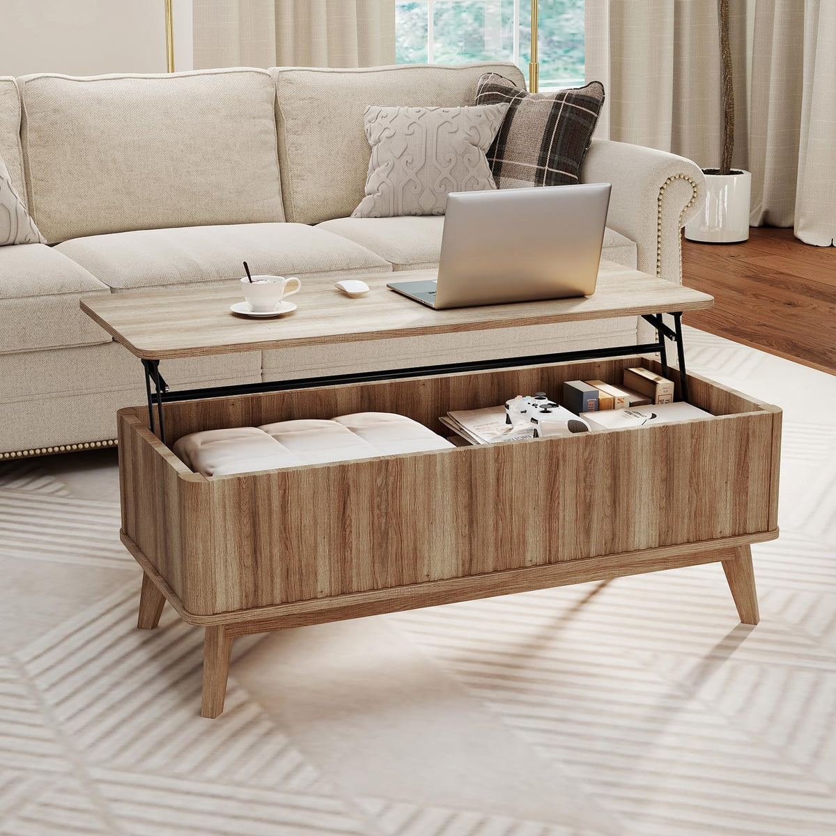 Goflame Lift Top Coffee Table with Storage | 43.5" Mid Century Modern Center Table with Solid Wood Leg & Hidden Compartment