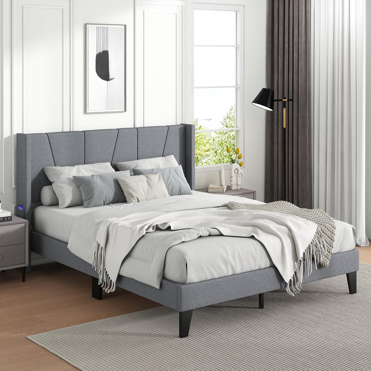 Goflame Queen/Full SizeBed Frame with Wingback Headboard