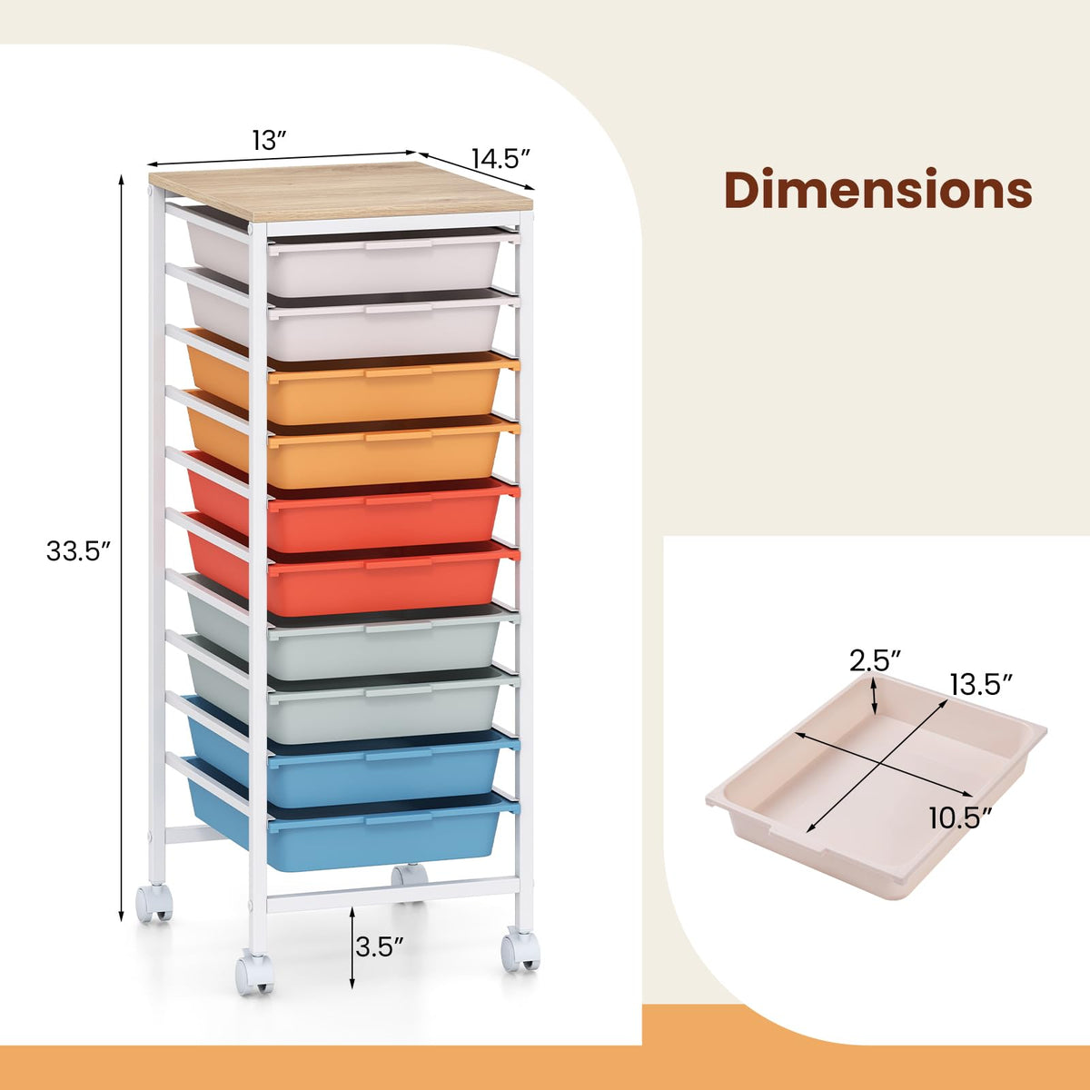 Goflame 10-Drawer Rolling Storage Cart Mobile Utility Organizer with Wooden Tabletop and Lockable Wheels