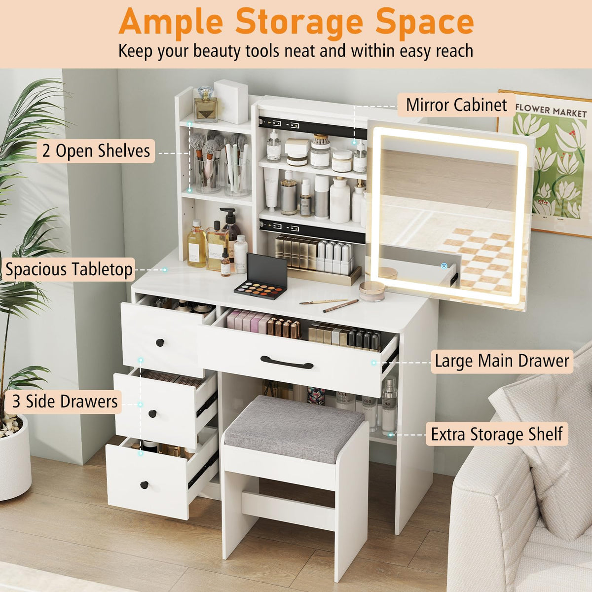 Makeup Vanity Desk with Sliding Mirror Cabinet, 38” Compact Vanity Table with Cushioned Stool