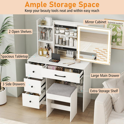 Makeup Vanity Desk with Sliding Mirror Cabinet, 38” Compact Vanity Table with Cushioned Stool