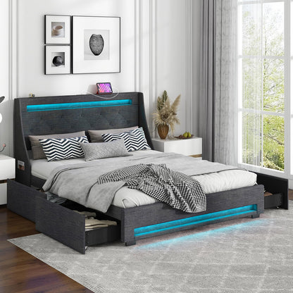 Goflame Full Size Bed Frame with LED Lights & Charging Station, Upholstered Platform Bed with Wingback Headboard