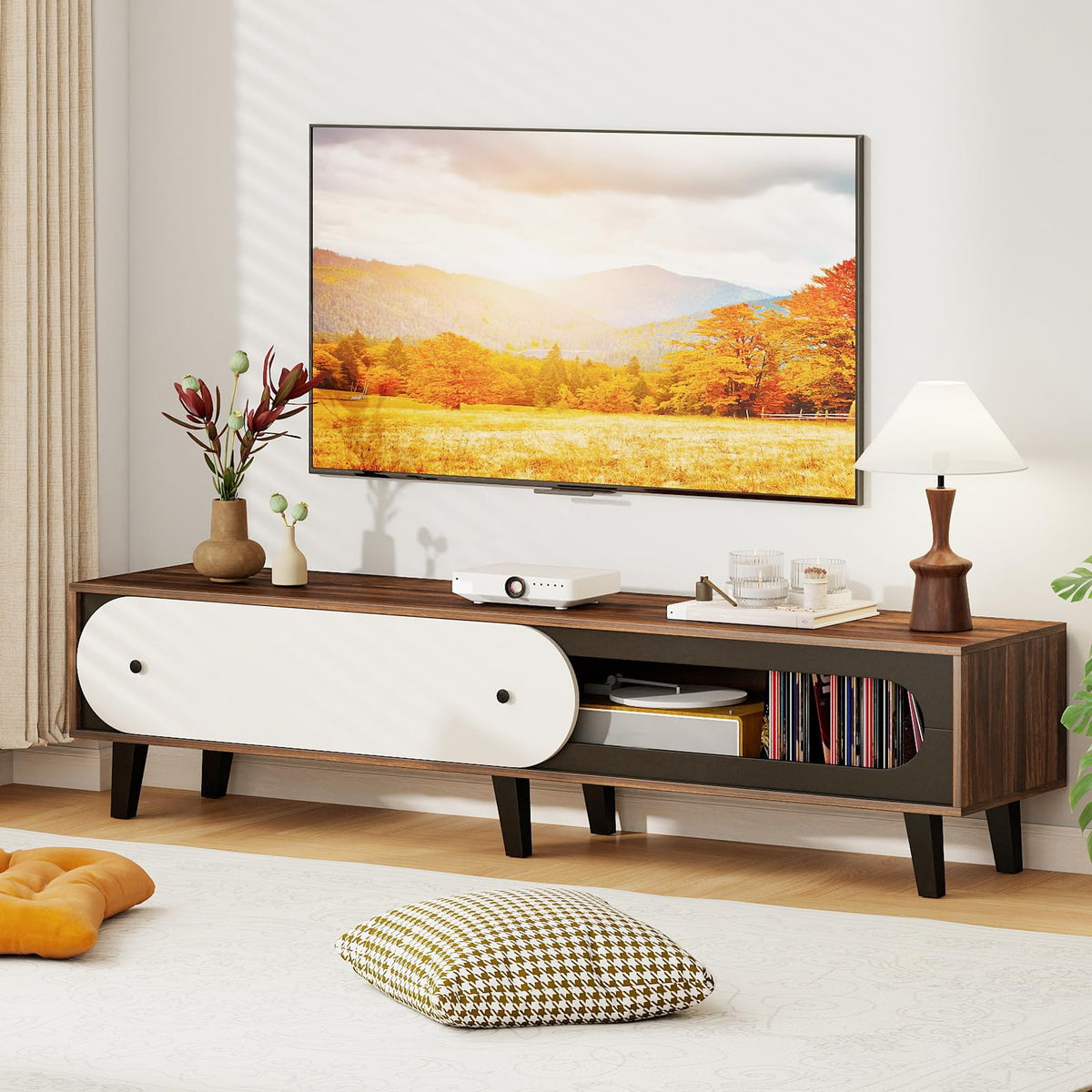 Goflame TV Stand for 80 Inch TVs Mid Century Modern Entertainment Center with Sliding Door Cabinet