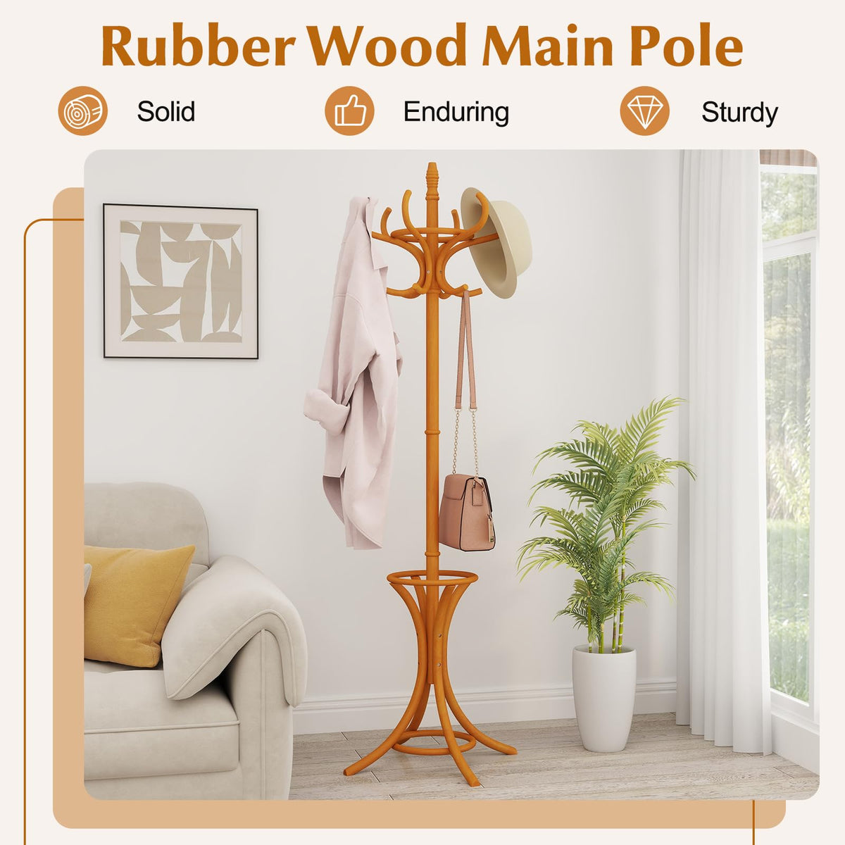 Goflame Solid Wood Coat Rack, Freestanding Hall Tree w/12 Hooks, Umbrella Holder, Entryway Hanger Stand for Coat