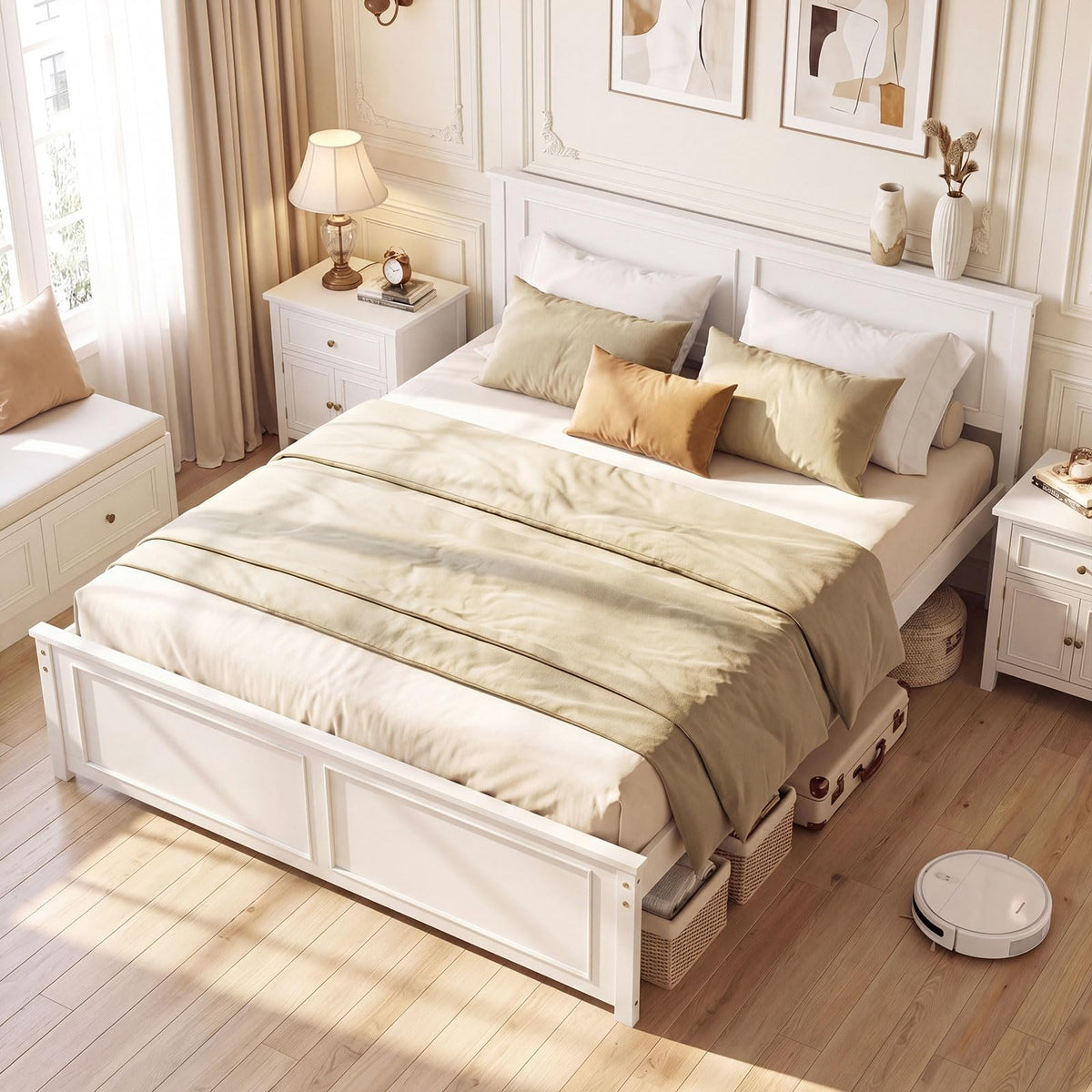 Goflame Wood Queen/Full/Twin Size Farmhouse Solid Platform Bed