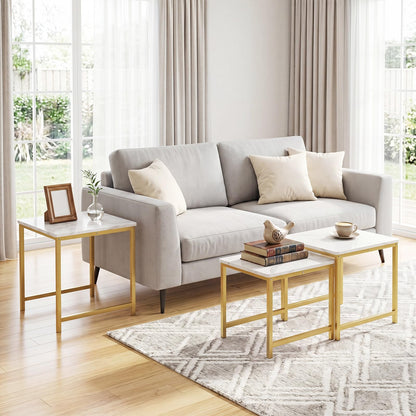 Goflame Nesting Coffee Table Set of 3 | Faux Marble Coffee Table with Metal Frame