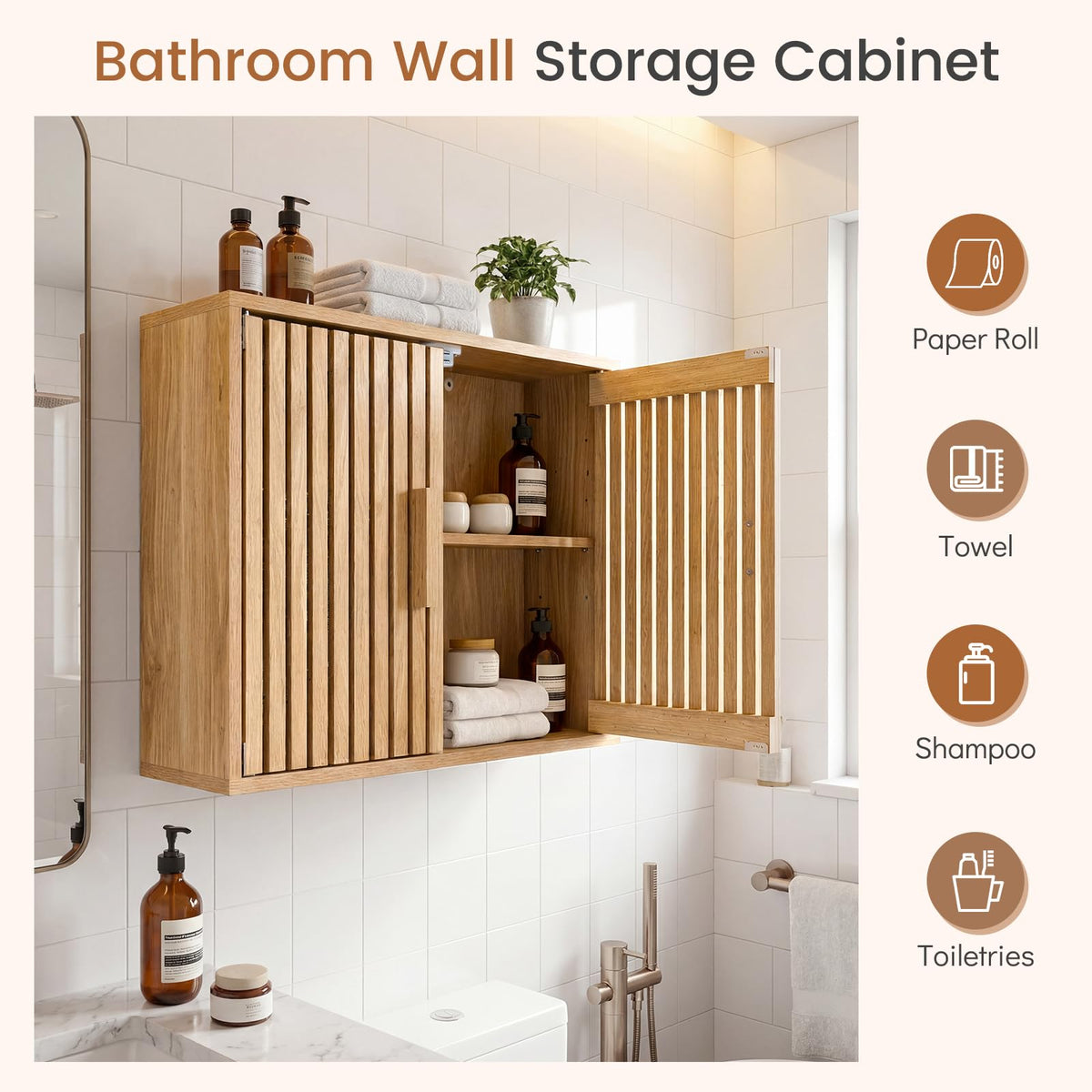 Goflame Wall Mounted Wooden Medicine Cabinet with 2 Slatted Doors
