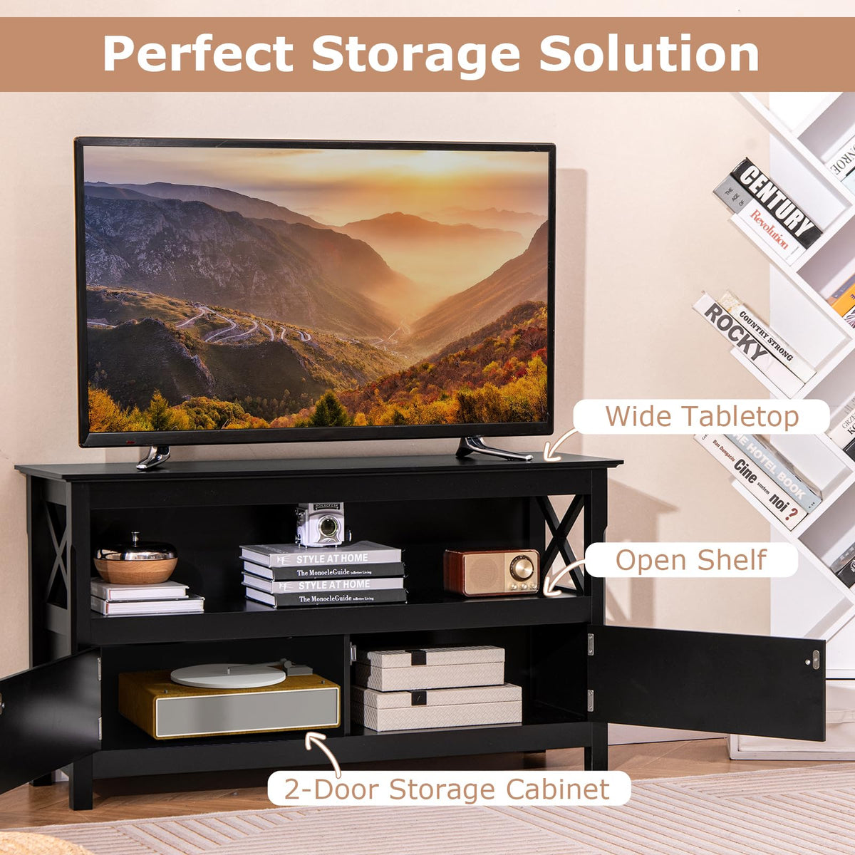 Goflame TV Stand with Power Outlet for TVs up to 50 Inch, Entertainment Center with 2-Door Cabinet