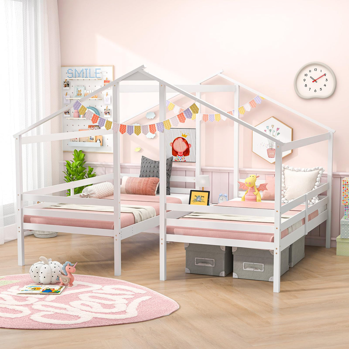 Goflame Double Twin Bed Frames for Kids, Wood House Shaped Platform with Built-in Nightstand & USB Port
