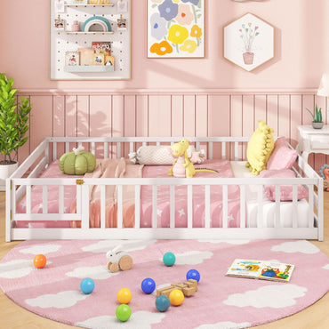 Goflame Floor Bed with Door & Fence Kids Wood Montessori Beds with Safety Guardrails