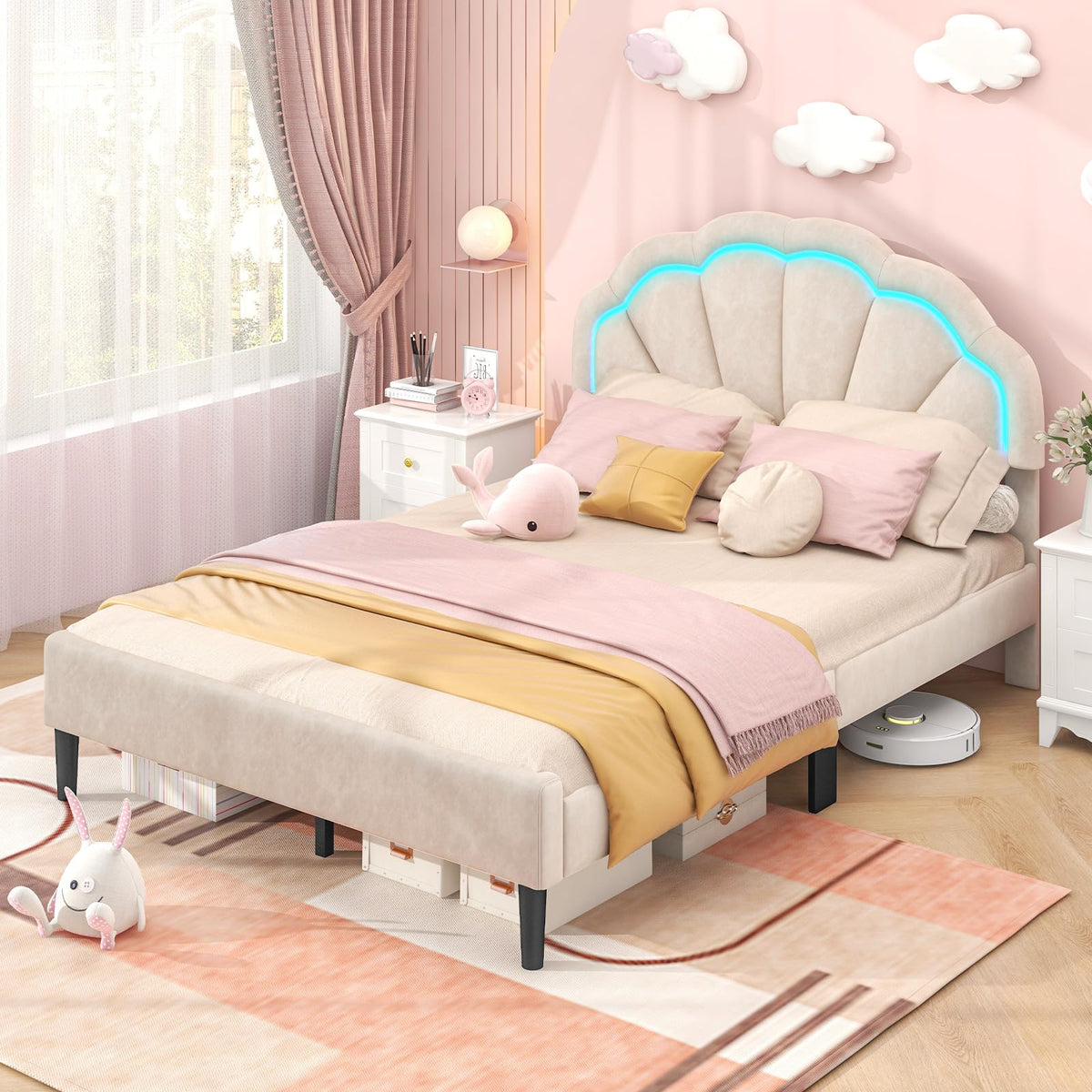 Goflame Full Size LED Bed Frame, Velvet Upholstered Full Platform Bed with Adjustable Cloud Headboard