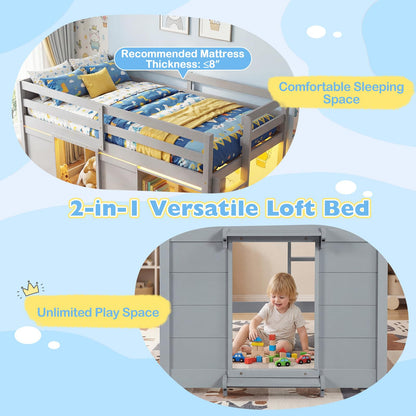 Goflame Wooden Low Kids Loft Bed with LED Lights and 2 Doors