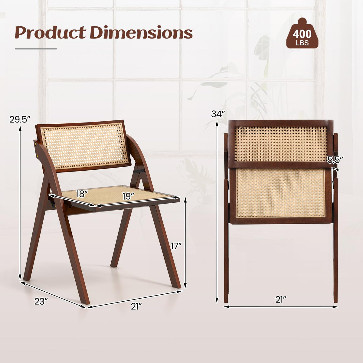 Goflame Folding Dining Chairs Set, Wooden Folding Chair with Rattan Backrest & Seat