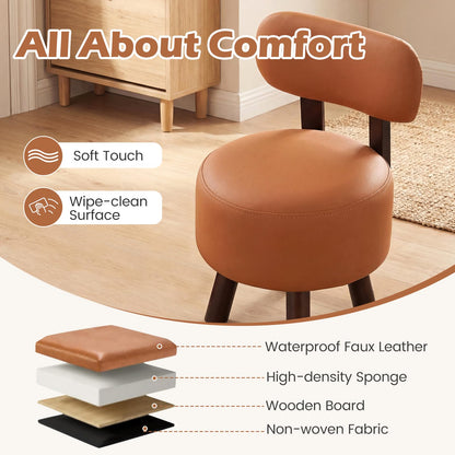 Goflame Round Small Footrest Stools Set of 2 with Backrest & Rubber Wood Legs