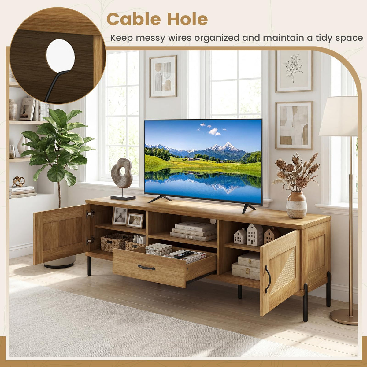 Goflame Mid Century Modern Rattan TV Stand for TVs up to 80" w/ 2 Storage Cabinets
