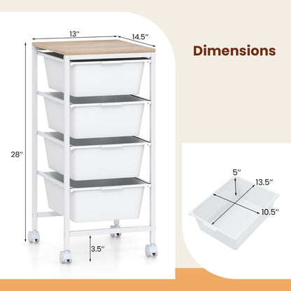 Goflame 4-Drawer Rolling Storage Cart Mobile Utility Organizer with Wooden Tabletop and Lockable Wheels