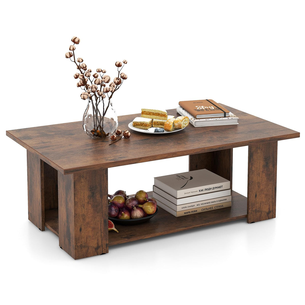 Goflame Rectangle Wood Center Table, 41" L 2-Tier Large Modern Tea Table w/Open Compartment