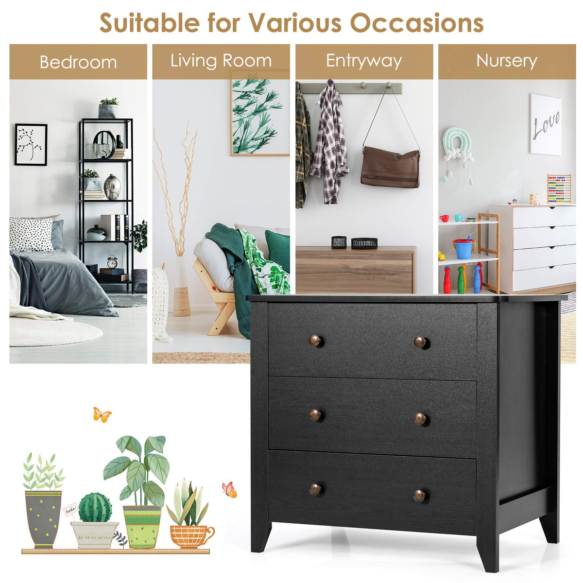 Goflame Modern Simple Dresser 3-Drawers Chest with Solid Curved Legs