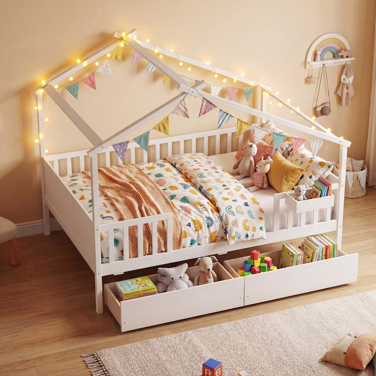 Goflame Full Size House Bed with Roof and Fence Rails for Kid