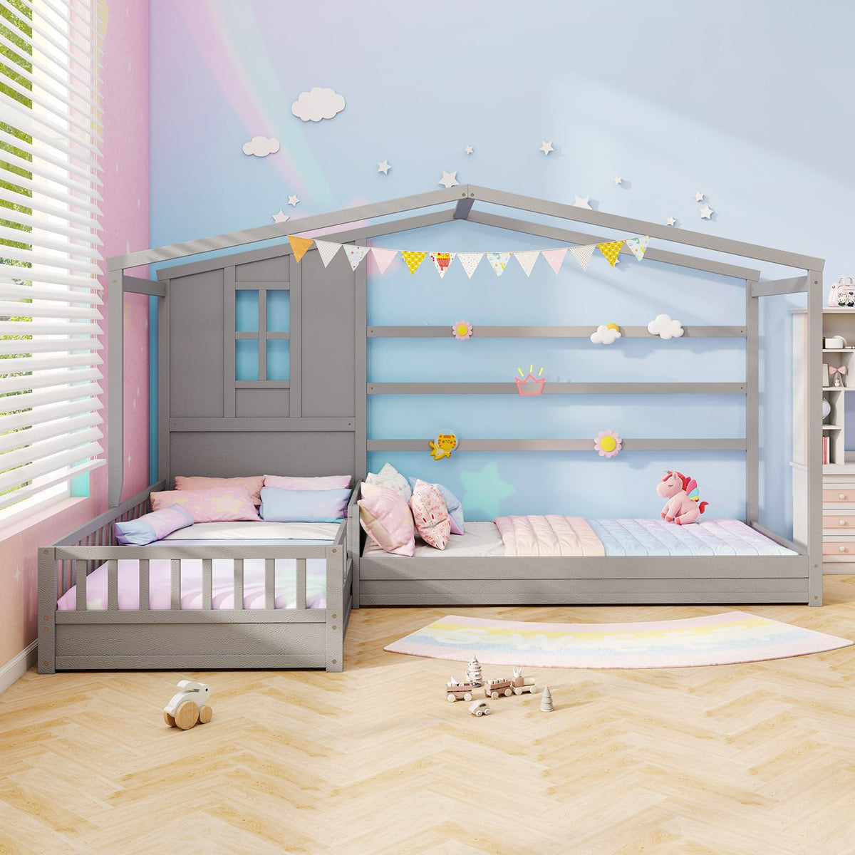 Goflame Double Twin Beds for Kids, House L-Shaped Platform Beds with Window & Fences