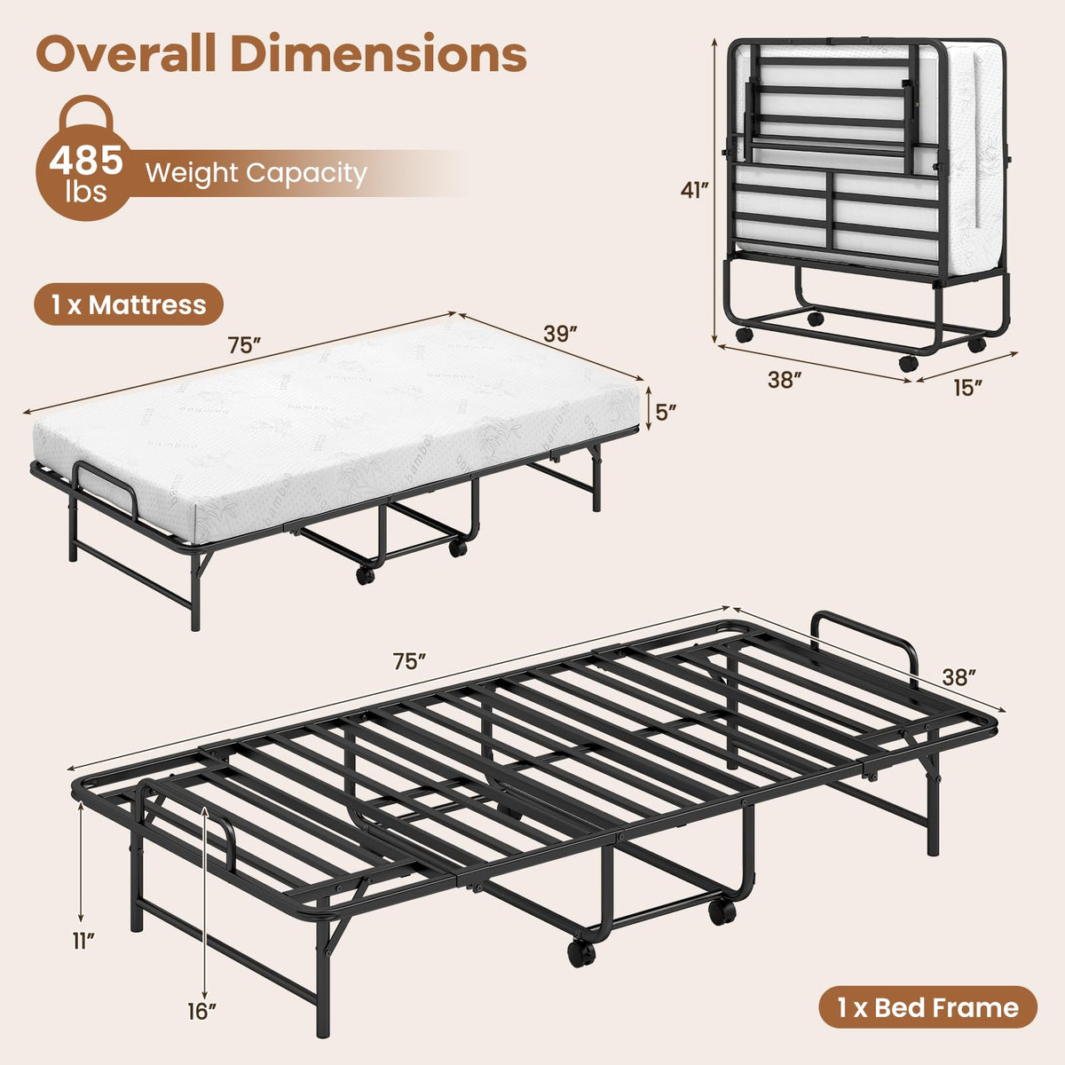Goflame Twin Folding Bed Frame with 5 Inch Mattress, Portable Rollaway Guest Bed, 75" x 38"