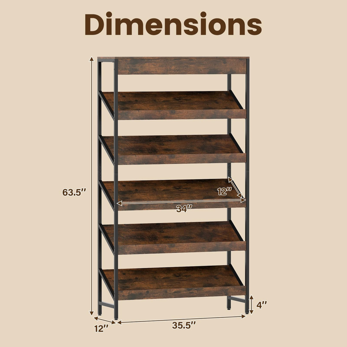 Goflame 6-Tier Industrial Tall Bookcase with Angled Shelves and Metal Frame