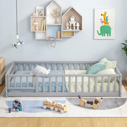 Goflame Twin Floor Bed with Door & Fence, Kids Wood Montessori Bed with Safety Guardrails