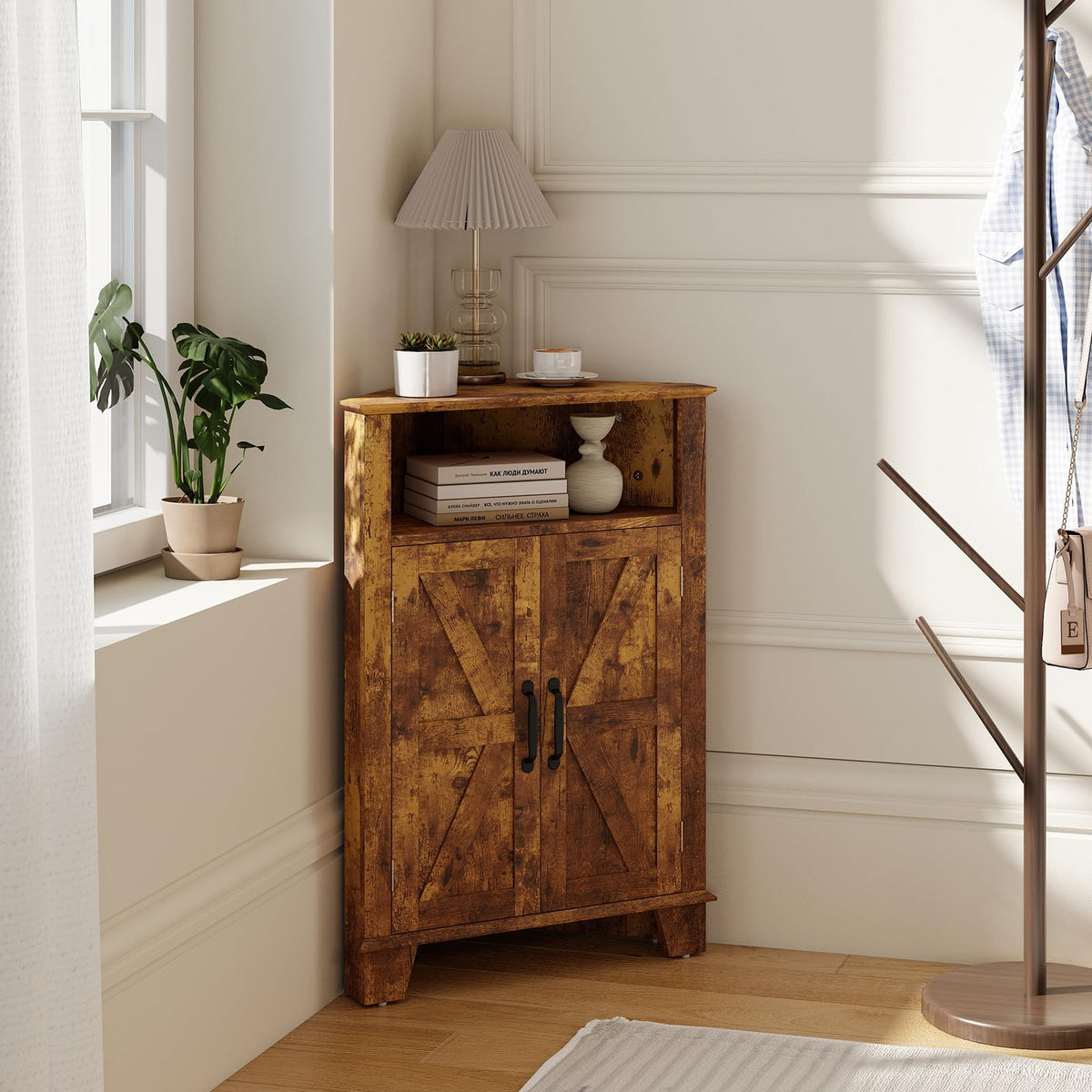 Goflame Bathroom Corner Storage Cabinet with Open Storage & Adjustable Shelf