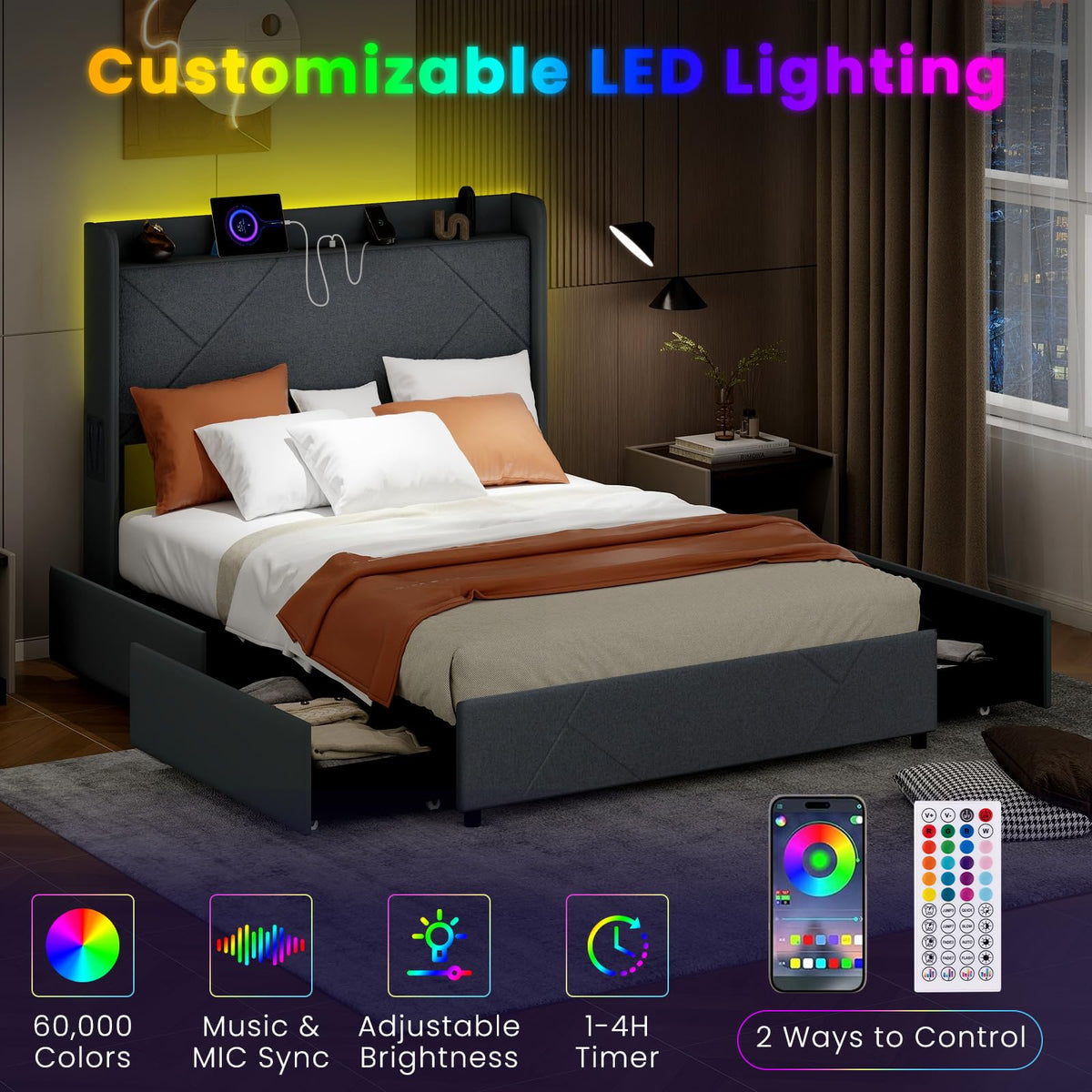 Goflame Full/Queen Size Bed Frame with 4 Storage Drawers & LED Lights, Headboard & Charging Station, Wooden Slats, Easy Assembly, Grey