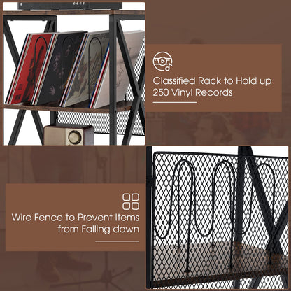 Goflame Record Player Stand, Vinyl Record Storage Table w/ 3 M-shaped Dividers & 4 Rolling Wheels, Rustic Brown