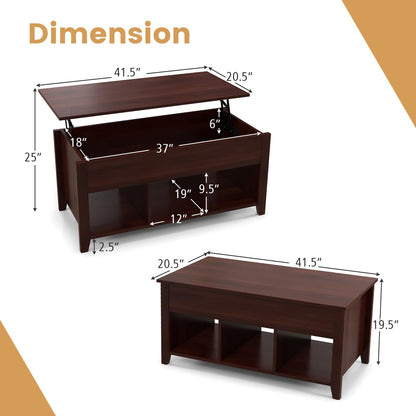 Goflame Lift Top Coffee Table - Rectangular Wooden Table w/Hidden Compartment & Open Storage Shelves