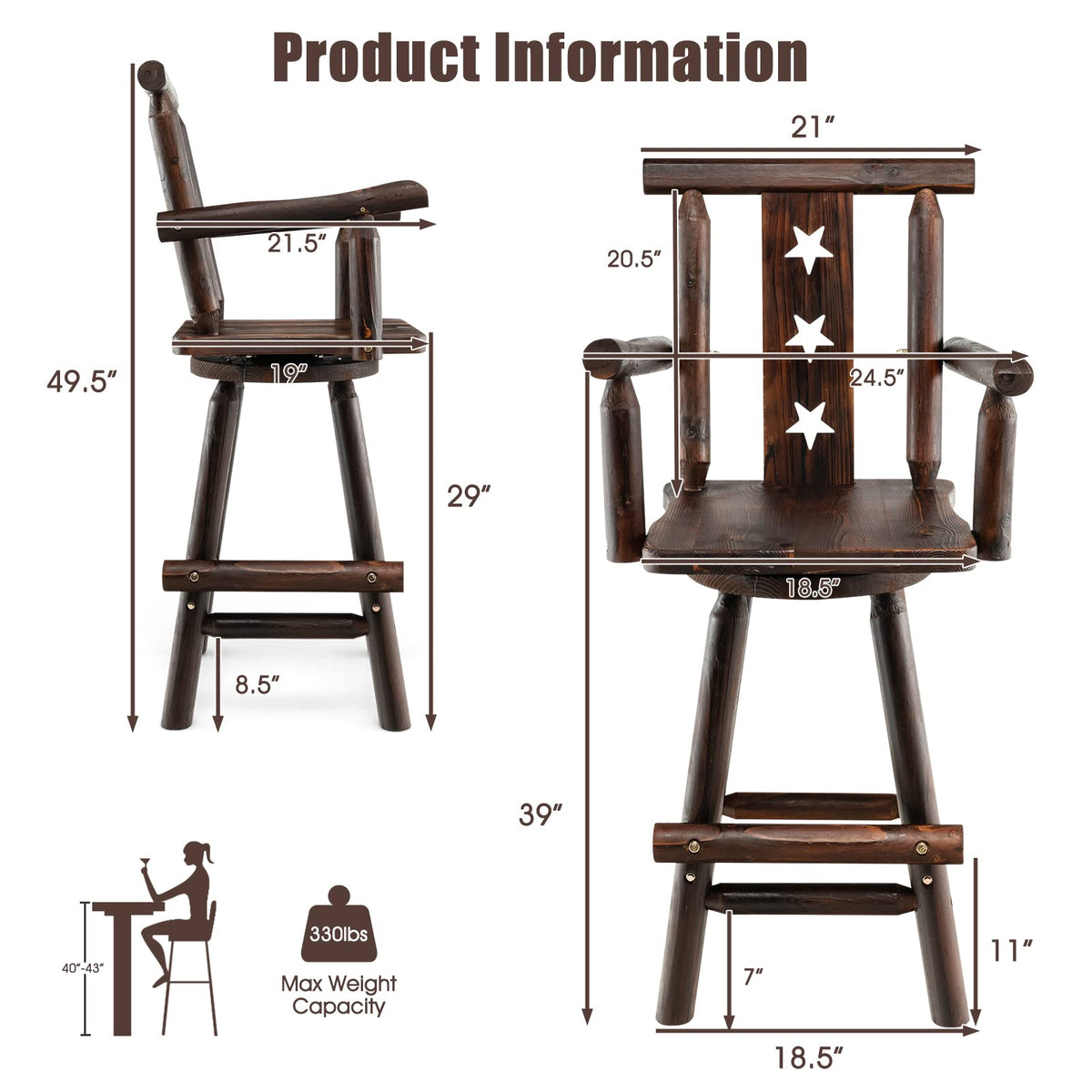 Brown Bar Stool, 29’’ Solid Fir Wood Bar Chair with Footrest, Decorative Star Backrest, Wide Armrest, Rustic Kitchen Stool