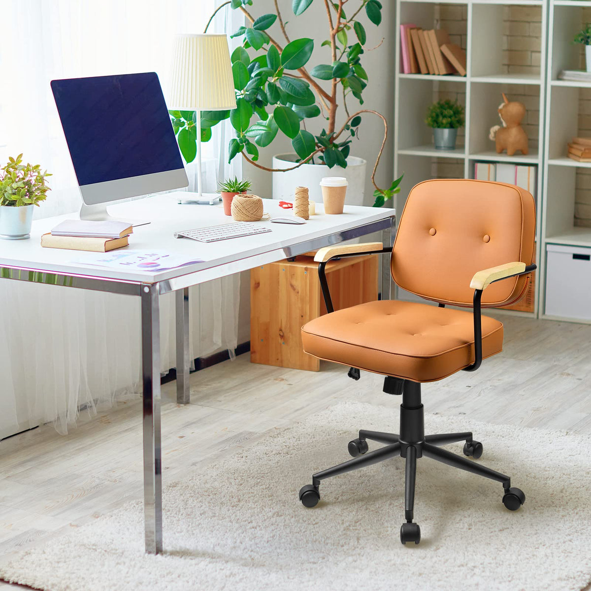 Goflame Home Office Chair, Height Adjustable PU Leather Desk Chair w/Rocking Backrest, Orange