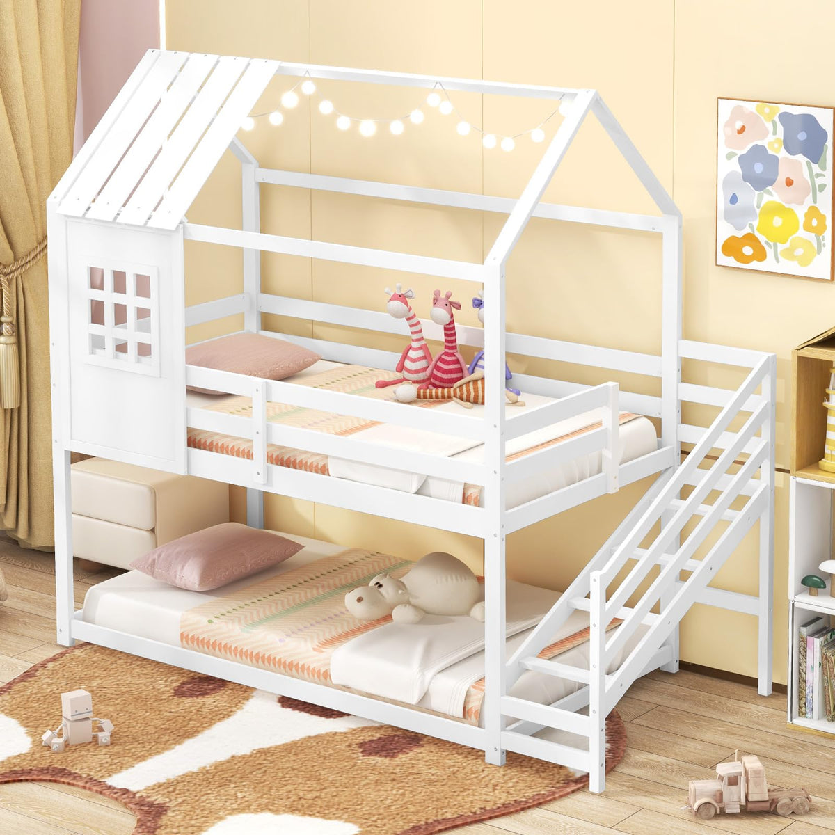 Goflame Twin Bunk Beds with Stairs, Floor House Bed with Roof & Window