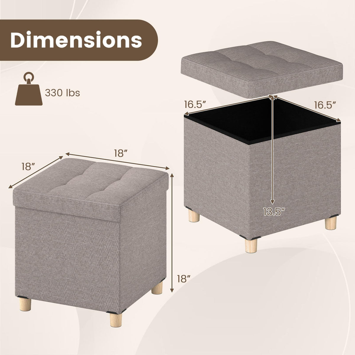 Goflame 18 Inches Ottoman with Storage and Rubber Wood Legs