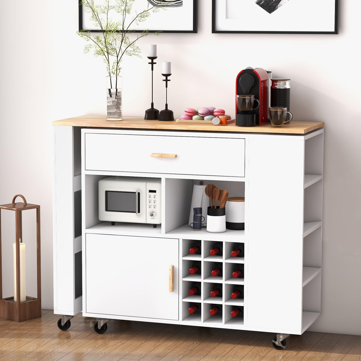 Goflame Mobile Kitchen Island Cart - 2-in-1 Reversible Serving Cart Bar Table Combo, White