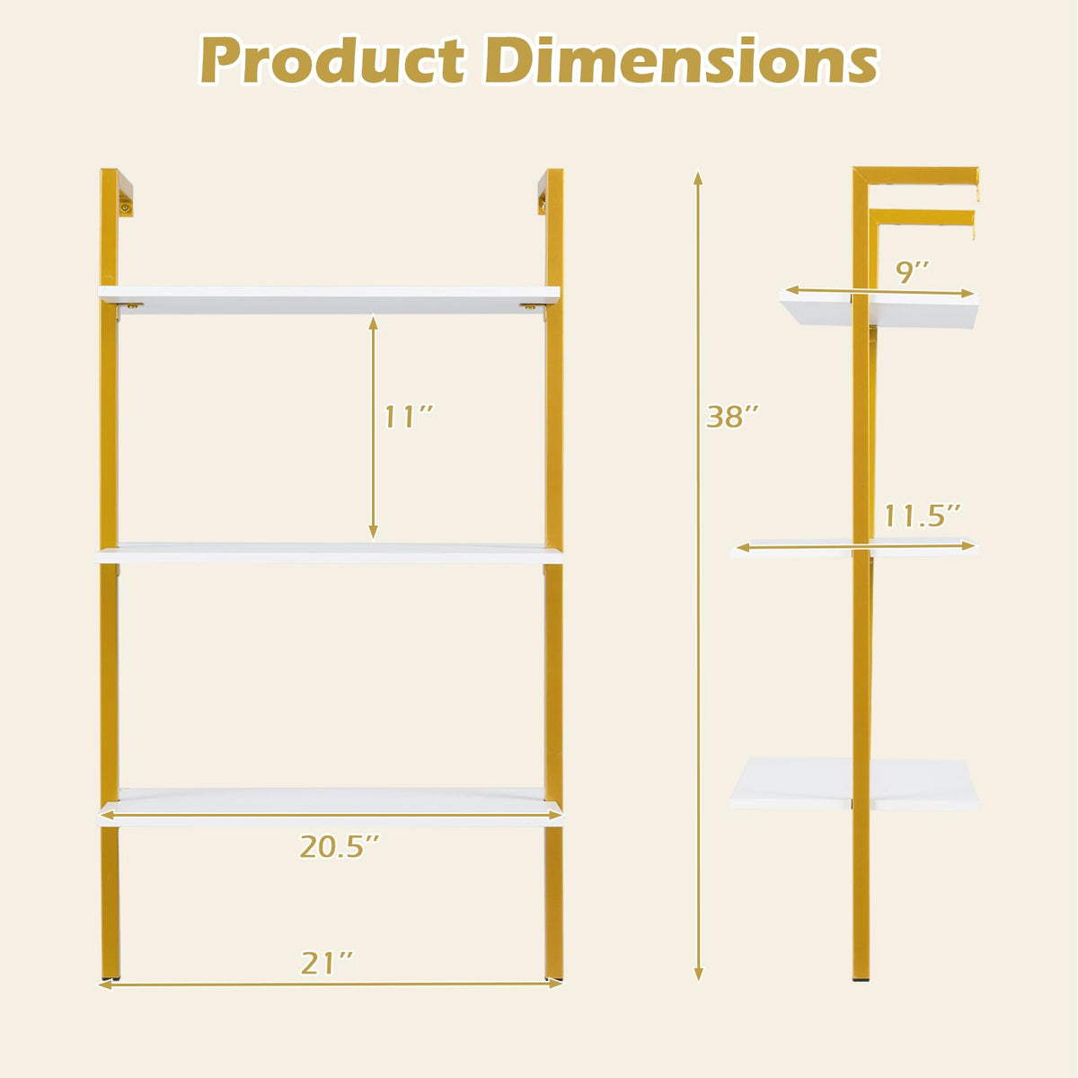 Goflame Ladder Shelf | 3-Tier Wood Wall Mounted Bookshelf with Metal Frame (1/2)