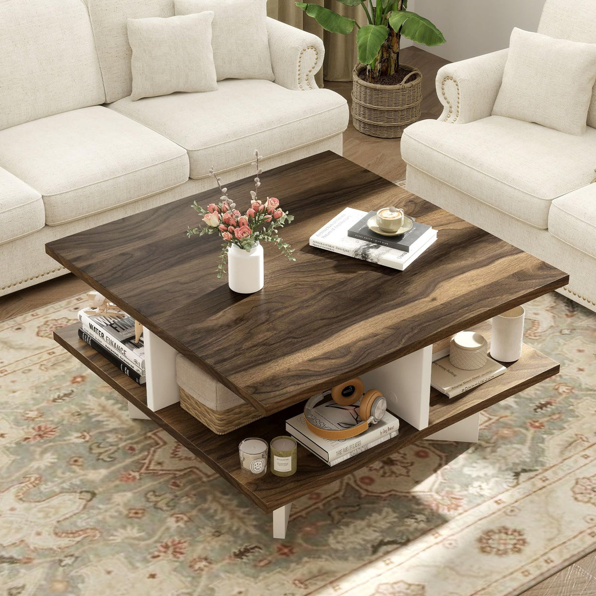 Goflame Square Coffee Table with Storage for Living Room