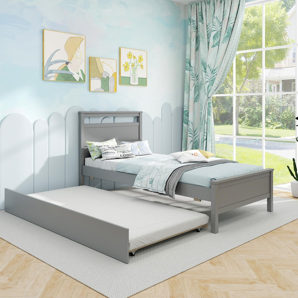 Goflame Trundle Bed Twin, Wood Day Bed Frame with Headboard & Footboard