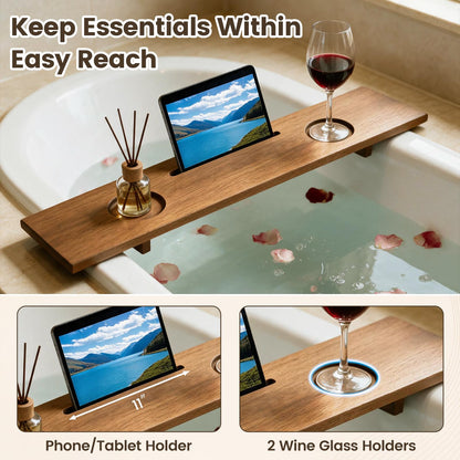 GOFLAME 35" Wood Bathtub Tray with Slots, Adjustable Width