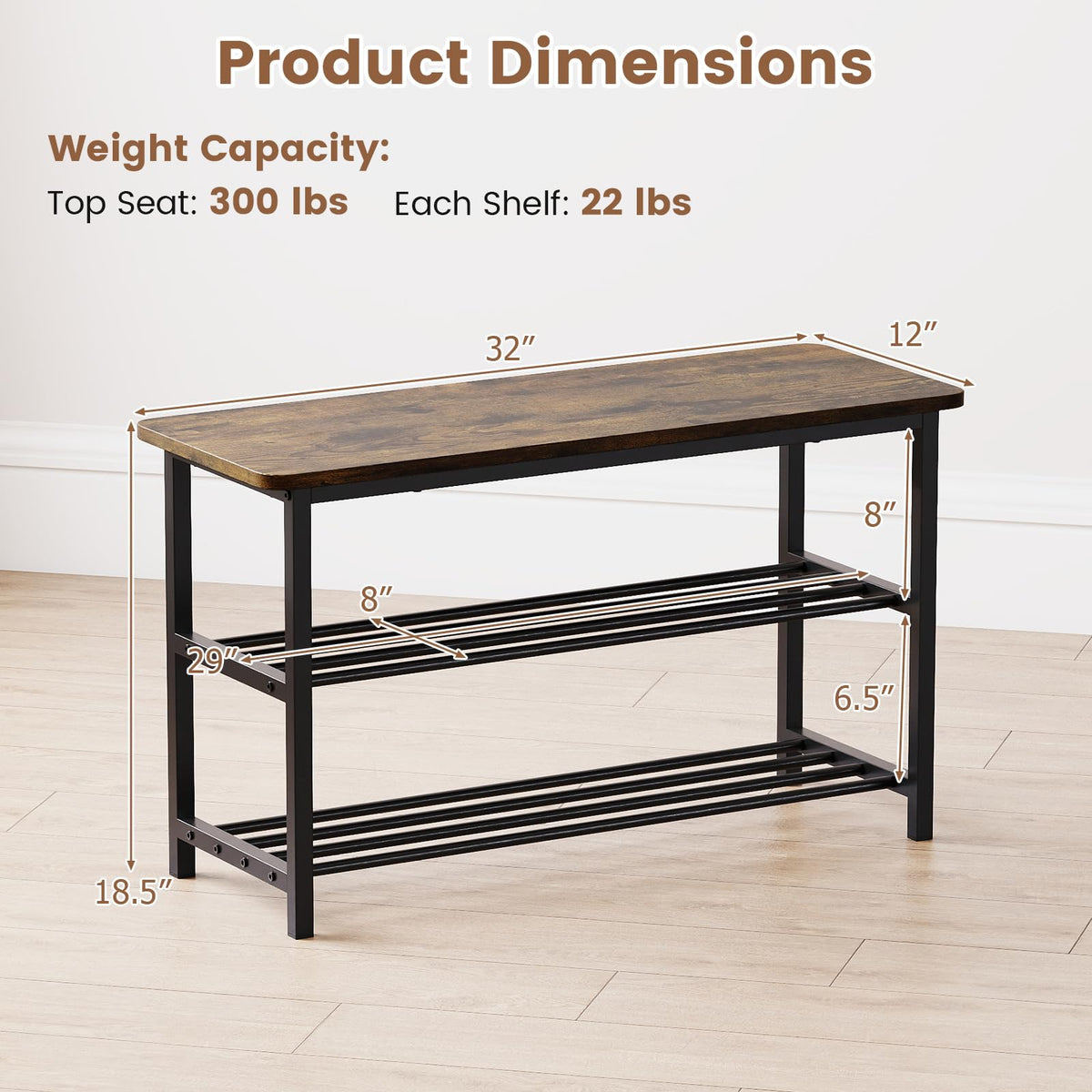 Goflame 3-Tier Shoe Bench 32" L Shoe Organizer Storage Bench with Metal Slat Shelves & Seat