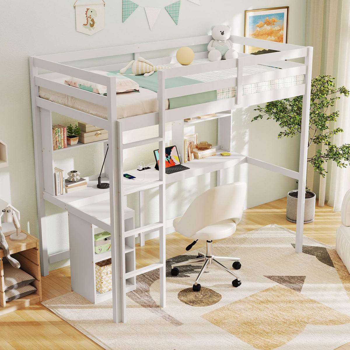 Goflame Twin Loft Bed with Desk and Hutch for Dorm Apartment
