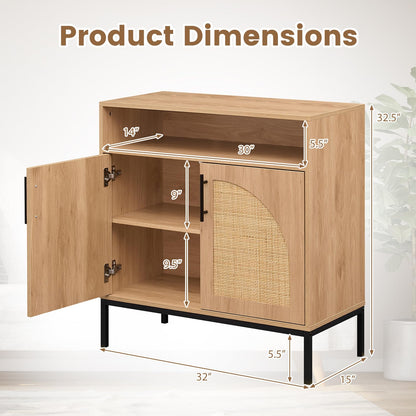 Goflame 32" Sideboard Buffet Cabinet with 2 Natural Rattan Decorated Doors (1/2)