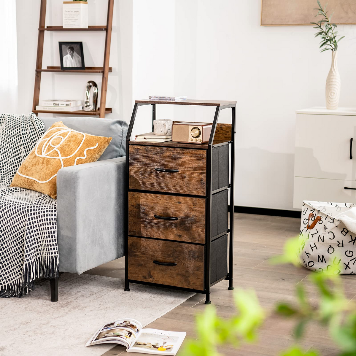 Goflame 3 Drawers Dresser, Storage Tower w/ 3 Foldable Fabric Drawers & Open Shelves