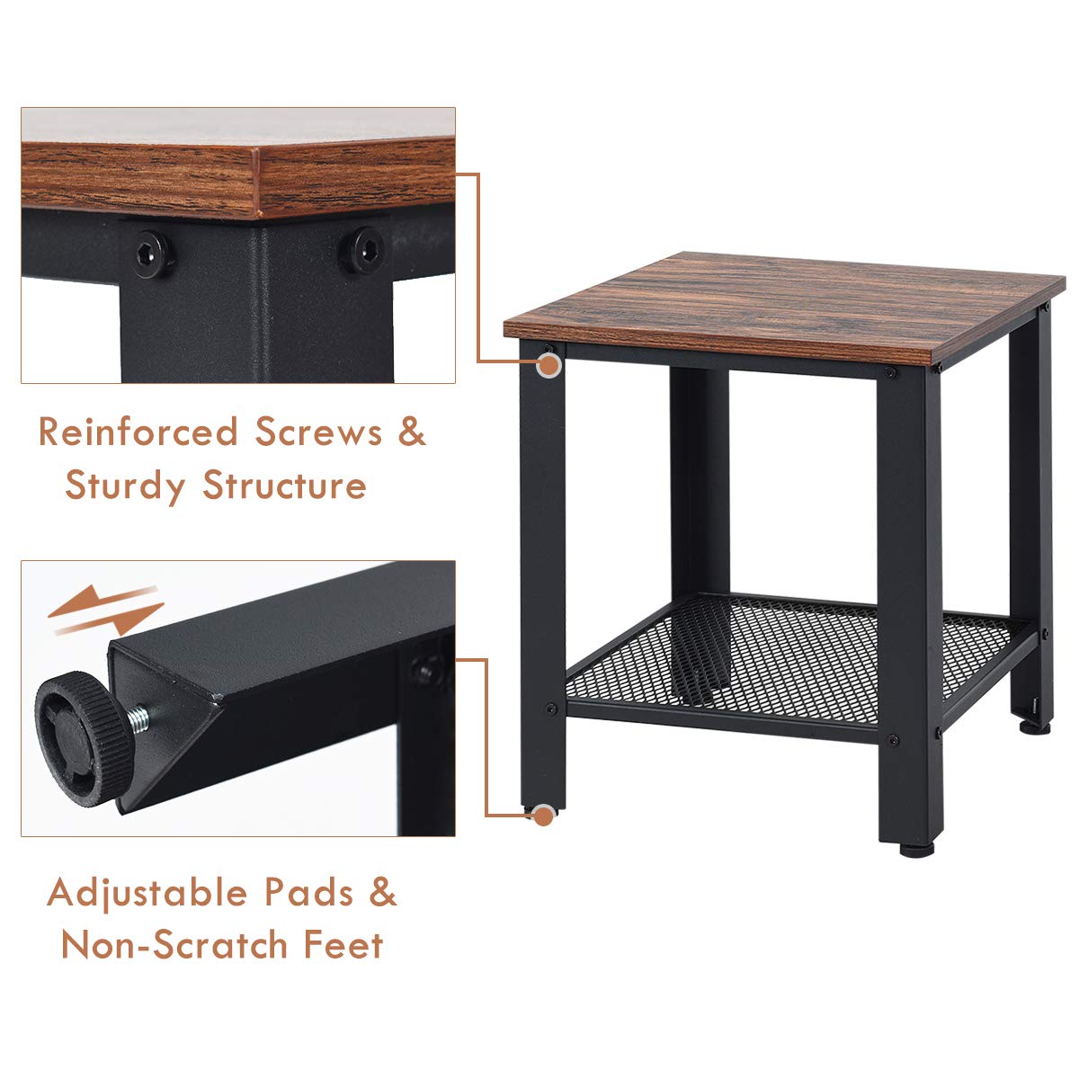 Goflame Nightstand Side Table 2-Tier W/Adjustable Feet, Storage Shelf and Metal Frame
