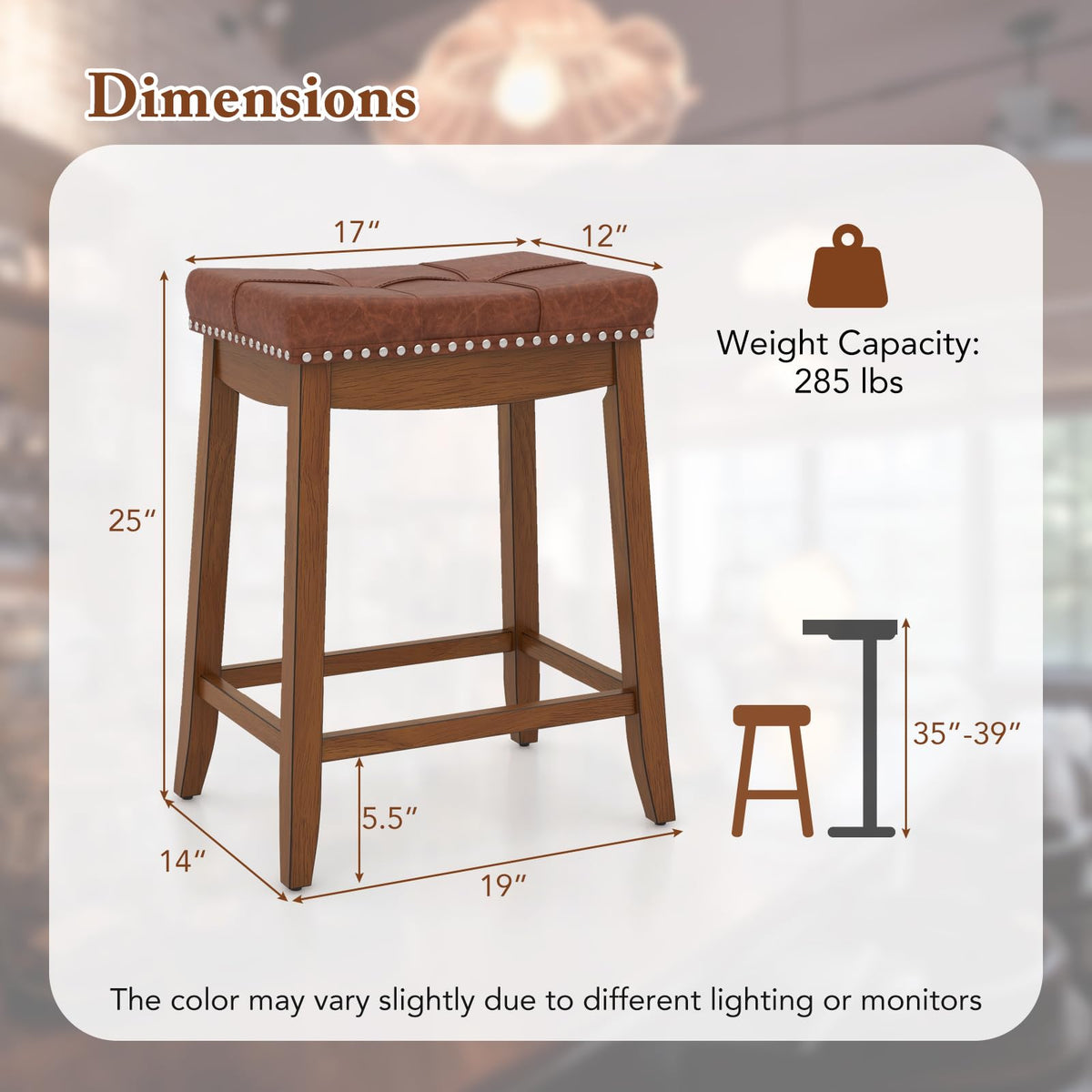 Goflame Bar Stools Set, 25" Counter Height Bar Stools w/Saddle Seat, Footrest, Rivet, Button Tufted, Rubber Wood Frame